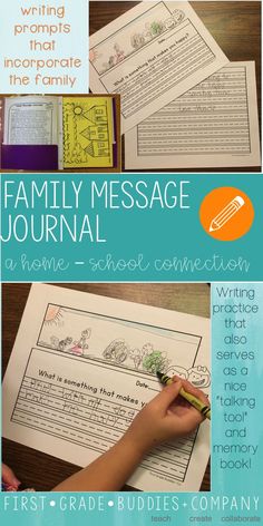 the family message journal for homes and school connections is shown in three different pictures with text