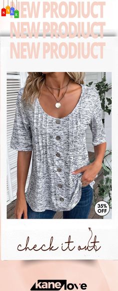 Plus Size Grey Button Half Sleeve T Shirt Relaxed Fit Button T-shirt For Everyday, Trendy Spring T-shirt With Button Closure, Trendy Spring T-shirt With Buttons, Casual Button T-shirt For Spring, White T-shirt With Buttons Relaxed Fit, Everyday Relaxed Fit T-shirt With Buttons, White Relaxed Fit T-shirt With Buttons, Everyday Crew Neck T-shirt With Buttons, Trendy Crew Neck Top With Buttons