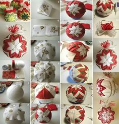 many different pictures of red and white christmas balls with bows, ribbons and snowflakes on them