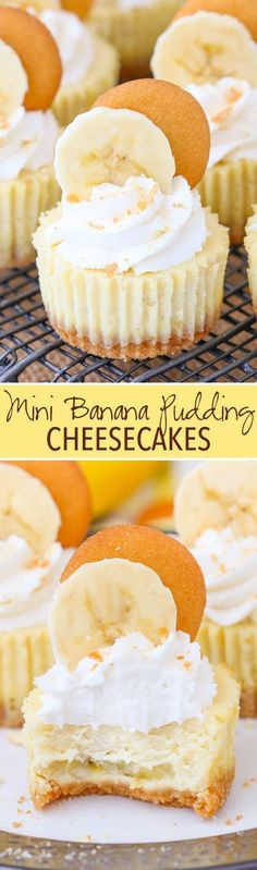 mini banana pudding pies with cheesecake filling on a cooling rack and in the background