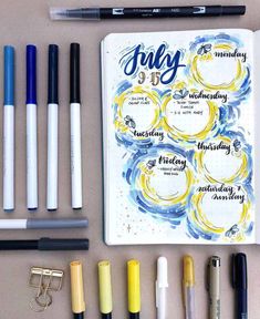 Want to add sparkling summer vibes to your Bullet Journal? Check these firefly theme inspirations. Including my own take on this theme and August Plan With Me. Firefly theme: cover pages, monthly log, weekly spreads. habit trackers and more! #mashaplans #bulletjournal #bujo #planwithme #pwm #inspirations Firefly Bullet Journal, Bullet Journal 2019, Desain Buklet