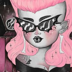 a drawing of a woman with pink hair and glasses