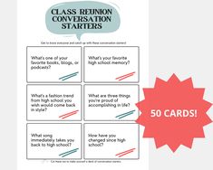 the 50 cards for class reunion are in red and white with black writing on them