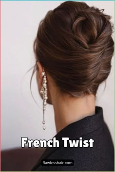 A timeless classic that makes you look graceful and sophisticated: the French twist makes an infallible choice. It makes a classy style for formal occasions like weddings or homecoming. @the.mane.collective French Twist Updo Brown Hair, Casual French Twist, Brunette French Twist, Timeless Bridal Hair Updo, Loose French Twist Wedding, French Twist Wedding Hair With Veil, Sleek French Twist, Classic Bridal Updo, Wedding French Twist