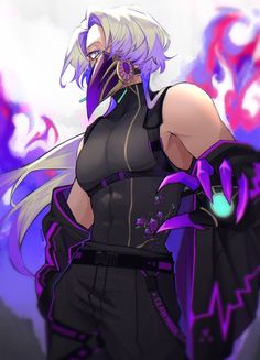 an anime character with white hair and purple eyes, wearing black clothes in front of a blue background