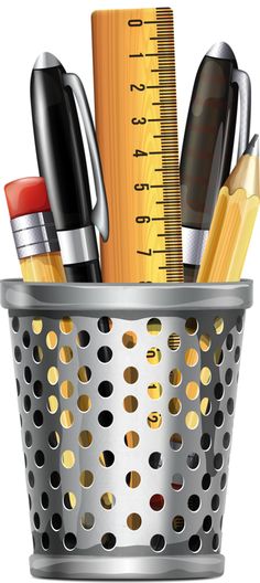 a pencil, ruler and other office supplies in a metal cup on a white background