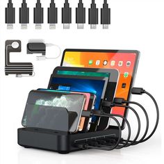 Charging Station for Multiple Devices, 5 in 1 Multi USB Charger Station with iWatch & Airpod Stand and 8 Mixed Short Cables, 50W Charging Dock Compatible with iPhone, iPad, Cell Phone, Tablets Tablet Charging Station, Best Charging Station, Airpods Black, Cell Phone Charging Station, Airpods Apple, Apple Watch Charger, Charger Station, Usb Charging Station, Usb Outlet