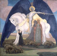 an angel on a white horse surrounded by sheep