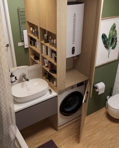 a washer and dryer in a small bathroom with wooden cabinets above the sink