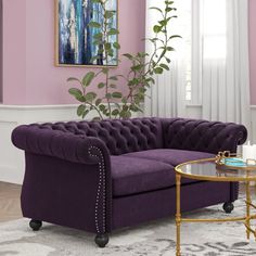 a living room with a purple couch, coffee table and potted plant in the corner