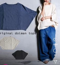 a woman standing next to a white wall wearing blue jeans and a sweater with the words original, dolman tops on it