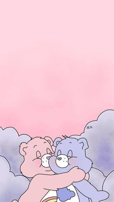 two teddy bears hugging each other in front of a pink and blue sky with clouds