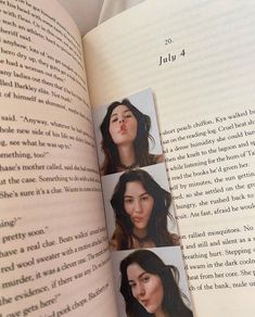 an open book with four pictures of women in the pages and one is showing her lips