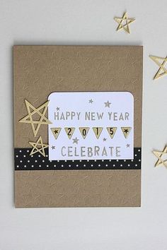 a new year's card with gold stars and confetti on the side