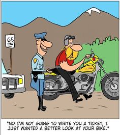 a cartoon depicting a man on a motorcycle talking to another man who is wearing a police uniform