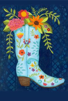 a painting of a cowboy boot with flowers on it's side and blue background