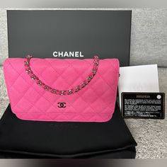 Chanel Iridescent Caviar Quilted Wallet On Chain (Woc) Beau G/Pink Description This Is An Authentic Chanel Iridescent Caviar Quilted Wallet On Chain Woc In Pink. This Stylish Wallet On A Chain Is Made Of Luxuriously Textured Caviar Diamond-Quilted Leather In Iridescent Pink. The Bag Features A Waist-Length Gold Chain Link Leather Threaded Shoulder Strap And A Small Gold Chanel Cc Logo On The Facing Flap. This Opens To A Pink Fabric Interior With Card Slots, Zipper, And Patch Pockets. Size Base Length: 7.5 In Height: 5 In Width: 1.75 In Drop: 24 In The Overall Bag Is In Excellent Condition. The Inside Looks Excellent And No Scratches On The Hardware. One Flaw Is That The Back Of The Bag Ha Pink Chanel Wallet On Chain, Quilted Wallet, Gold Chanel, Camellia Flower, Pink Chanel, Wallet On Chain, Leather Thread, Chanel Wallet, Cc Logo