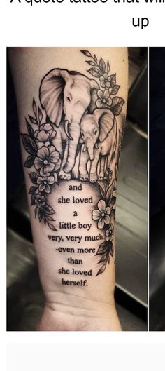 an elephant with flowers on its arm and the words tattoo that will be up above it