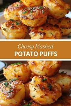 cheesey mashed potato puffs on a plate with parsley sprigs