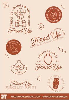 some type of stickers with different types of lettering on them, including the words fired up