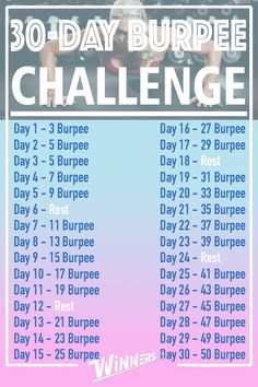 the 30 day burpee challenge is shown in pink and blue with white lettering