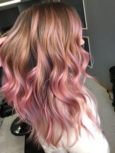 Rose Gold Pink Balayage, Baylage Pink Hair, Brown Blonde Pink Balayage, Golden Brown Hair With Pink Highlights, Strawberry Pink Highlights In Brown Hair, Long Hair Pink Highlights, Brown To Pink Balayage Rose Gold, Caramel Hair With Pink Highlights