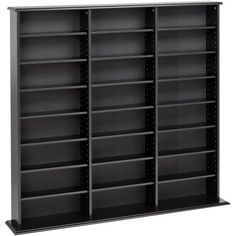 an empty bookcase with four shelves and two doors on each side, in black