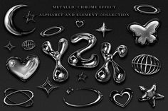 the metal chrome effect alphabet and element collection is displayed on a black background with stars, hearts