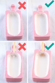 four pictures showing how to make a soap dispenser with cotton swabs