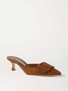 MANOLO BLAHNIK Maysale 50 buckled suede mules Luxury Fitted Pointed Toe Mules, Luxury Brown Almond Toe Mules, Luxury Fitted Formal Mules, Luxury Fitted Mules For Formal Occasions, Elegant Closed Toe Mules For Galas, Elegant Brown Office Mules, Elegant Brown Mules For Office, Luxury Brown Mules For Party, Designer Brown Mules For Evening