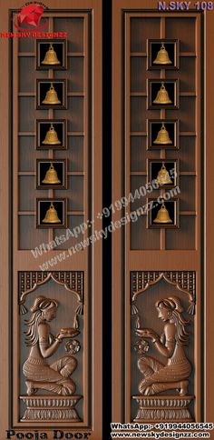 two doors with bells on each side and an image of a woman holding a baby