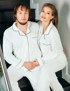 "Mr and Mrs Matching 100% Cotton Pajama Set, Couple Cotton Pajamas, Honeymoon Pajamas, Groom Bride Custom Pajamas, Gift for Husband Wife Our pajamas are customized with Vinyl. The letters are so pretty and detailed. It is perfect to put first letter of your name or first/last name or wedding role . Whether you want to buy it as gift, keep it for yourself and wear it as an everyday or even wear it for a honeymoon trip , this unique customized pajamas is sure to work for any occasion. ⭐Styles of p First Letter Of Your Name, Honeymoon Trip, Bridal Pajamas, Set Couple, Wedding Roles, Cotton Pajama Set, White Pajamas, Personalized Pajamas, Pajamas Gift