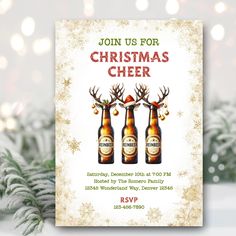 a christmas party flyer with two beer bottles and reindeer antlers on the front, surrounded by snowflakes