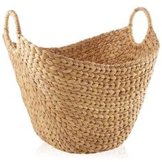 a large woven basket with handles on the top and bottom, sitting in front of a white background