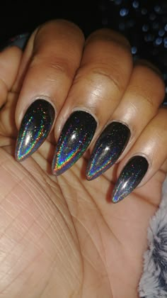 Black Chrome Nails With Glitter, Black Rainbow Chrome Nails, Dark Holographic Nails, Black And Holographic Nails, Black With Chrome Nails, Black Holo Nails, Black Iridescent Nails, Black Metallic Nails, Black Nails With Chrome