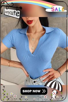 Crop Top Female Polo Shirts Summer Short Sleeve T-shirt Women's Vintage Clothes Ribbed Solid Slim Knit Top Cropped Tees Blue Knit T-shirt For Summer, Solid Color Knit V-neck Top, Trendy Short Sleeve Knit Top With Ribbed Neckline, Casual Tops With Seamless Crew Neck, Trendy Ribbed Knit Tops, Short Sleeve Solid Color Knit Top, Trendy Blue Top With Ribbed Neckline, Trendy Blue Tops With Ribbed Neckline, Stretch V-neck Tops With Ribbed Neckline