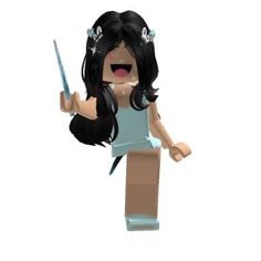 a lego character holding a knife and wearing a blue dress with black hair, standing in front of a white background