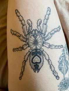 a woman's thigh with a spider tattoo on it