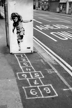 a black and white photo of a person on the street with numbers drawn on it