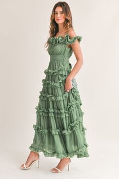 Leia Green Ruffled Floor Length Dress – Thread + Vine Boutique Green Ruffle Dress, Frilly Dress, Sage Green Bridesmaid Dress, Dress Ruffles, Frilly Dresses, Floor Length Dress, Tiered Ruffle Dress, Green Bridesmaid Dresses, Floor Length Skirt