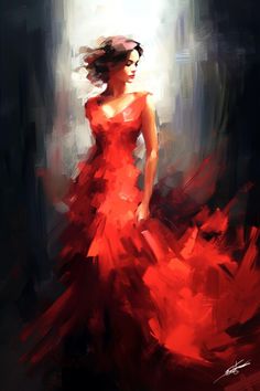 a painting of a woman in a red dress with her hair blowing in the wind