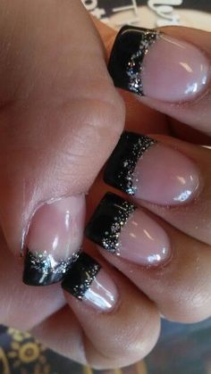 Black French  tip  with glitter Nails Black French, Nails Acrylic Designs, Ongles Gel French, Glitter French Tips, French Pedicure, French Manicures, Manikur Kuku, Best Nails, Halloween Acrylic Nails