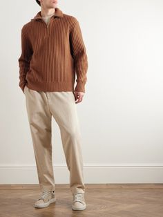 DESIGNED BY MR PORTER. A commitment to impeccable fabrics ensures Mr P.'s dependable wardrobe essentials boast longevity. This half-zip sweater is knitted from soft merino wool using a neat ribbed stitch. The brown tone will complement dark tailoring and indigo denim nicely. Casual Ribbed Half-zip Outerwear, Cashmere Half-zip Sweater, Wool Half-zip Polo Sweater, Casual Ribbed Half-zip Sweater, Wool Polo Sweater For Work, Casual Half-zip Cashmere Sweater, Casual Cashmere Half-zip Sweater, Classic Wool Half-zip Sweater, Casual Ribbed Merino Wool Outerwear