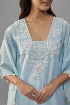 Powder blue kaftan with pearls hand embroidery. Comes with palazzo. - Aza Fashions Blue Resham Embroidery Palazzo Set For Summer, Embellished Summer Kurta With Traditional Drape, V-neck Embellished Kurta For Wedding, Elegant Straight Kurta Kaftan For Summer, Blue Chikankari Embroidery Palazzo Set For Summer, Blue Chikankari Embroidered Palazzo Set For Summer, Summer Blue Palazzo Set With Chikankari Embroidery, Elegant Festive Palazzo Set With Tunic, Elegant Kaftan For Diwali Reception