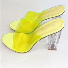 Runs True To Size Neon Lime Color Light Tint Neon Lime Pvc Material For Shoe Strap Thick Shoe Strap Over Upper Foot Area Heel Is Clear Heel Height 3.5in Cheap Neon Yellow Open Toe Sandals, Cheap Neon Yellow Heels For Women, Cheap Neon Yellow High Heels, Neon Shoes, Lime Color, Capes For Women, Clear Heels, Pvc Material, Shoe Game