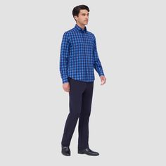 The Jules checkered OoohCotton shirt features a hidden button-down collar, adjustable notched cuffs, mother-of-pearl buttons, and a curved hem perfect for wearing tucked or untucked. OoohCotton is a performance, double-mercerized, wrinkle-resistant, breathable, and easy-care cotton blend with 8-way stretch, quick-dry, and thermal comfort properties. Formal Plaid Shirt For Fall, Blue Button-up Flannel Shirt For Work, Classic Blue Flannel Workwear Shirt, Classic Blue Flannel Shirt For Work, Blazer And T Shirt, Thermal Comfort, Night Blue, Vest Blazer, Dress Socks