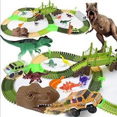 toy dinosaurs and cars in a play set