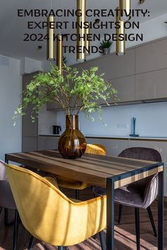 a dining room table with chairs and a vase on it