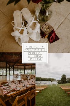 a table set up for a wedding with flowers and napkins on the ground next to it