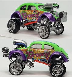 two pictures of a toy car with wheels and rims painted green, purple, and orange